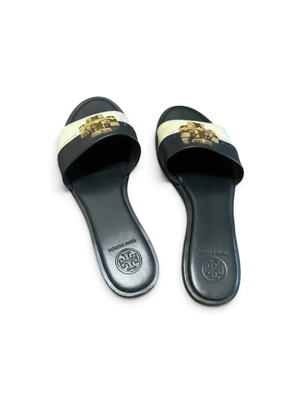 Tory Burch Black and Cream Logo Slide Sandals